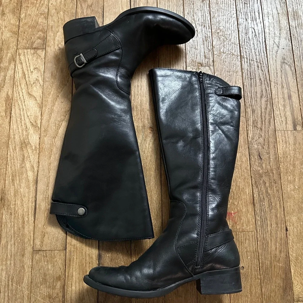 Born Black Leather Tall Riding Boots Women Side Zip‎ Buckle Detail Comfortable 6